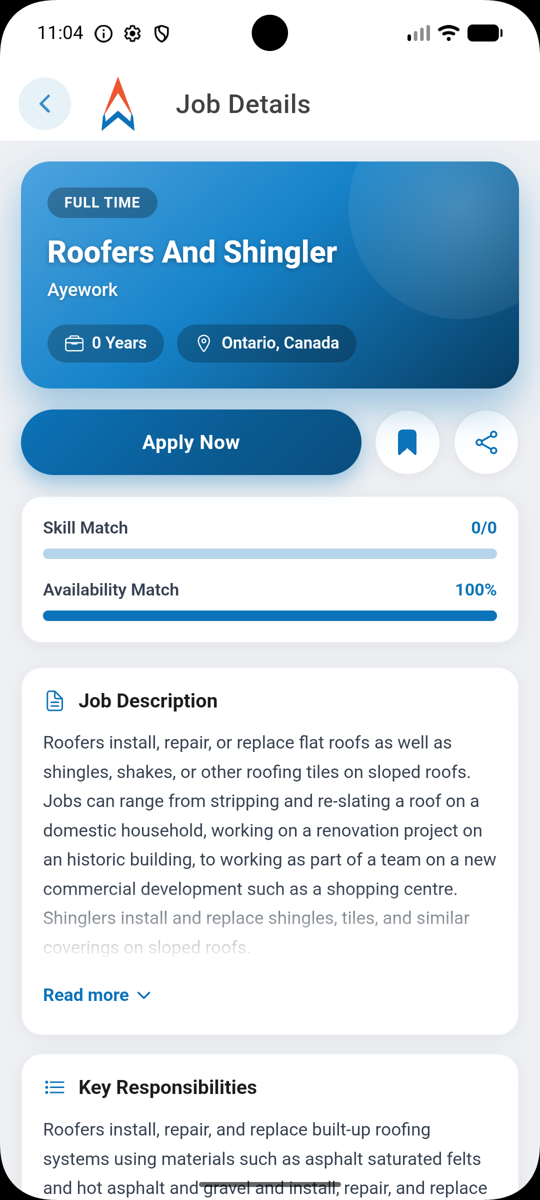 AyeWork app job details screen