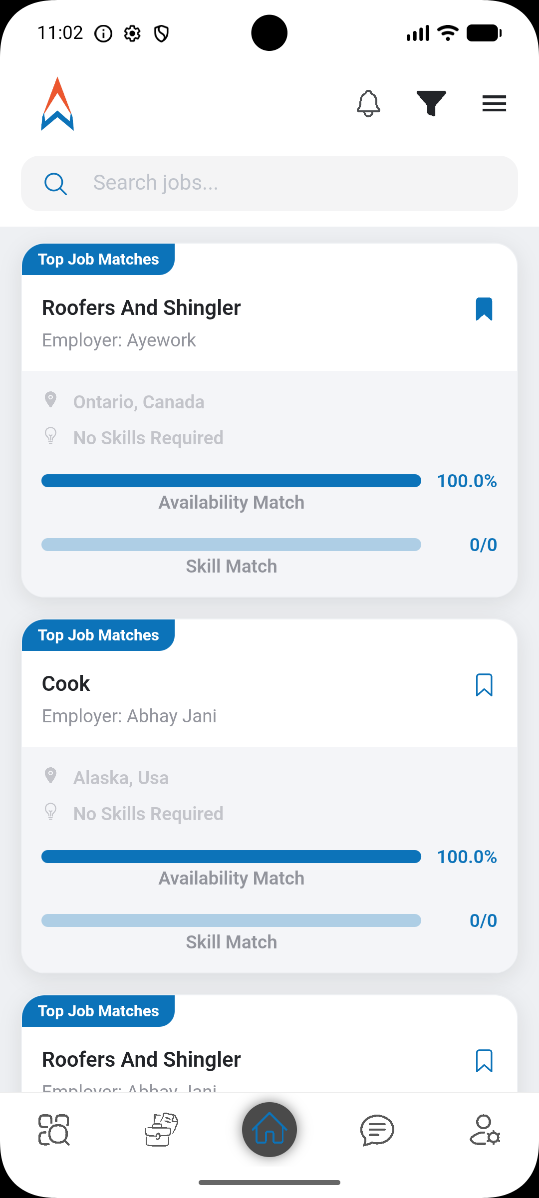 AyeWork app job matches list