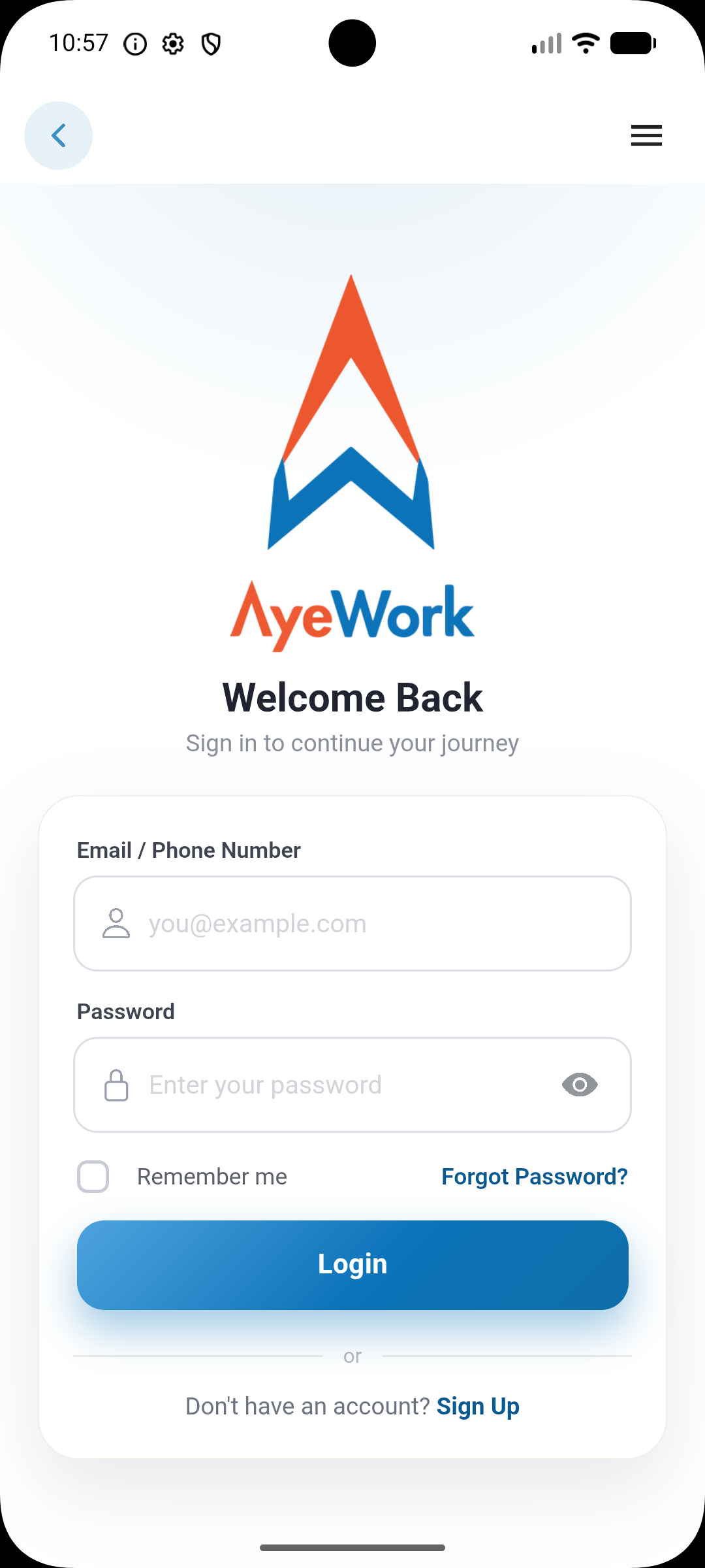 AyeWork app login screen