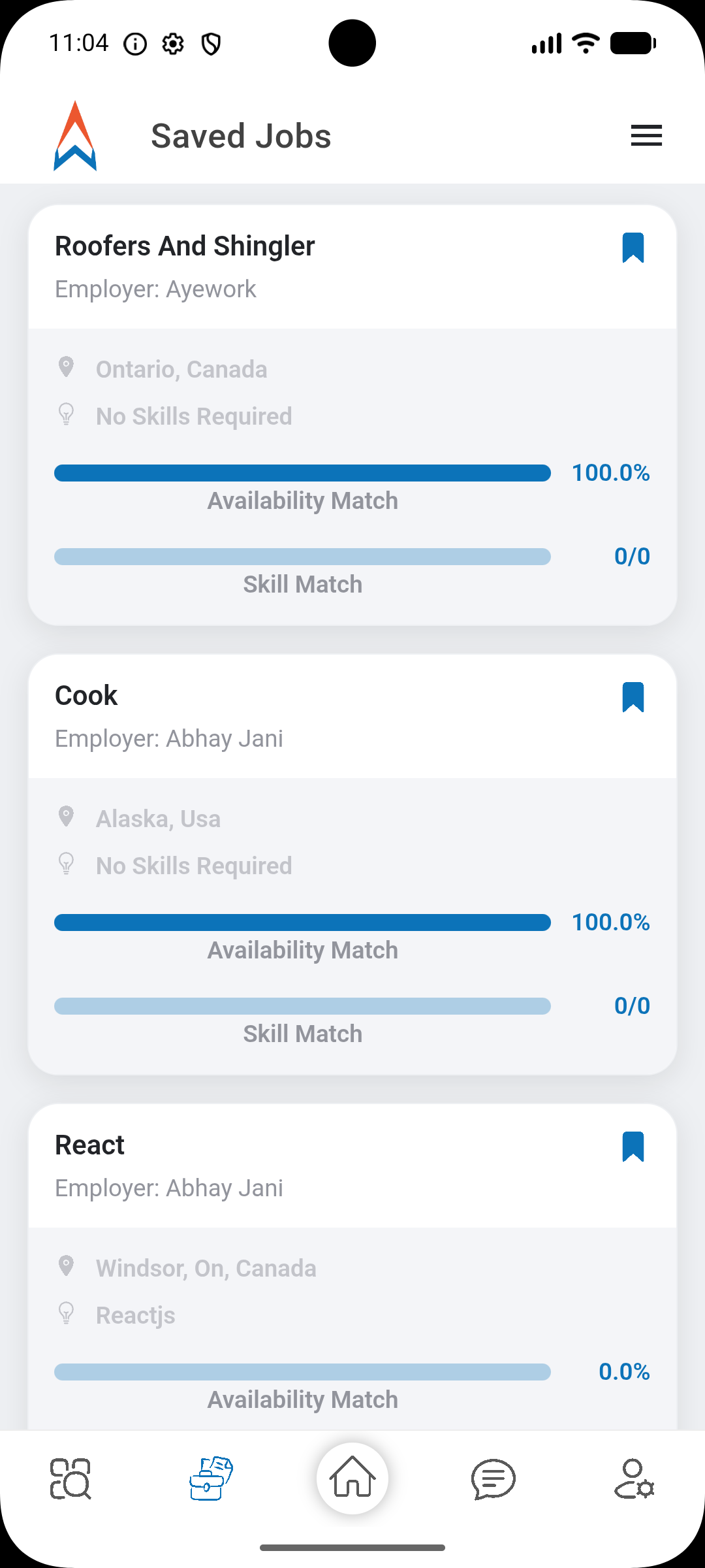 AyeWork app saved jobs screen